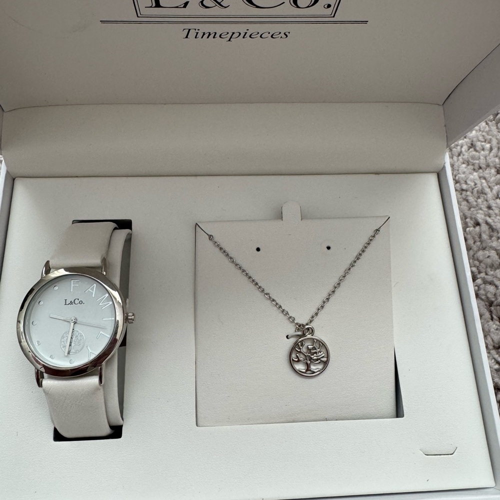 L&Co. Timepieces Women’s Family Tree Silver Watch and Necklace Set